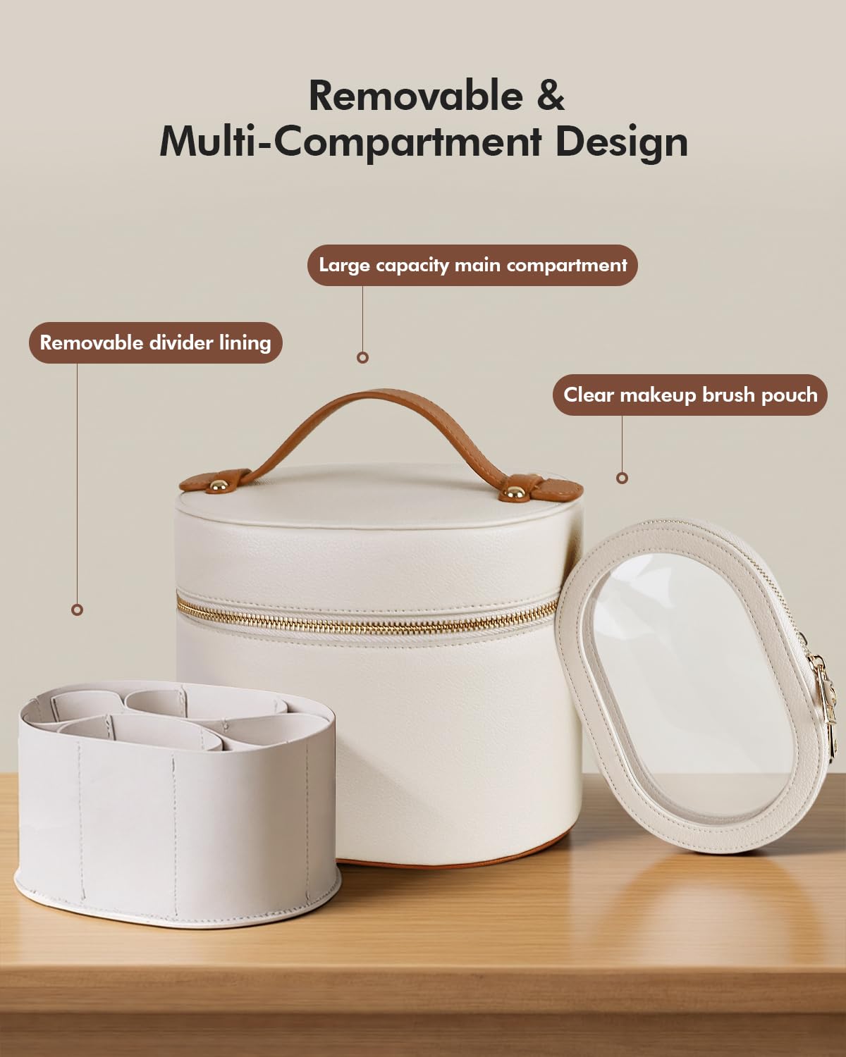Prite Makeup Bag Travel Cosmetic Case with Clear Toiletry Pouch and Removable Divider, Vegan Leather Organizer for Women
