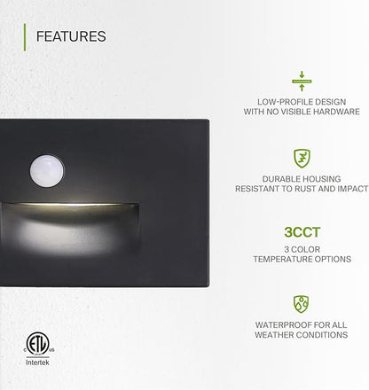 ASD LED Recessed Step Light Fixture, Outdoor & Indoor Stair Tread Lighting | 3CCT, Motion Sensor, Waterproof, ETL Listed | 3W 120LM 3000K-5000K 120V | Staircase Hardwired Illumination | Black, 12 Pack