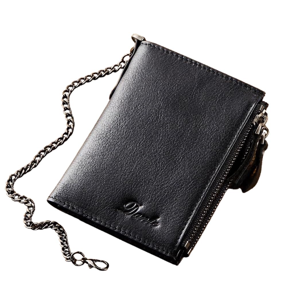 Wallet with Chain for Men Women Genuine Leather RFID Blocking Bi-Fold Wallet with Chain, Zip Coin Pocket, Credit Card Holder, Transparent ID Window for Driver License Biker Punk Hip Hop Style (Black)
