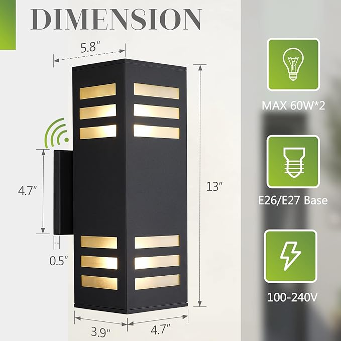 Dusk to Dawn Outdoor Wall Light, 13" Modern Porch Light Fixture, Waterproof Outside Lights for House, Large Up Down Exterior Lighting Fixtures, Aluminum, Black