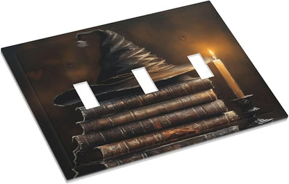 Decorative Art Light Switch Covers Wizard’s Hat & Spellbooks 3 Gang Triple Toggle Wall Plate Decorative Switch plate Electrical Faceplate for Home Decor