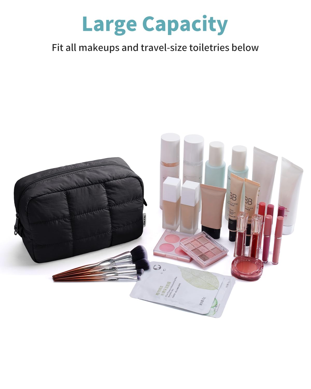 Narwey Puffer Makeup Bag for Women Girl, Quilted Travel Cosmetic Bag Puffy Make Up Bag Organizer, Cute Travel Toiletry Bag for Toiletries (Black)
