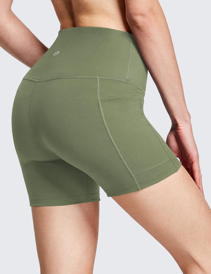 baleaf Biker Shorts Women Yoga Gym Workout Spandex Running Volleyball Tummy Control Compression with Pockets Soft 5" Navy Green M