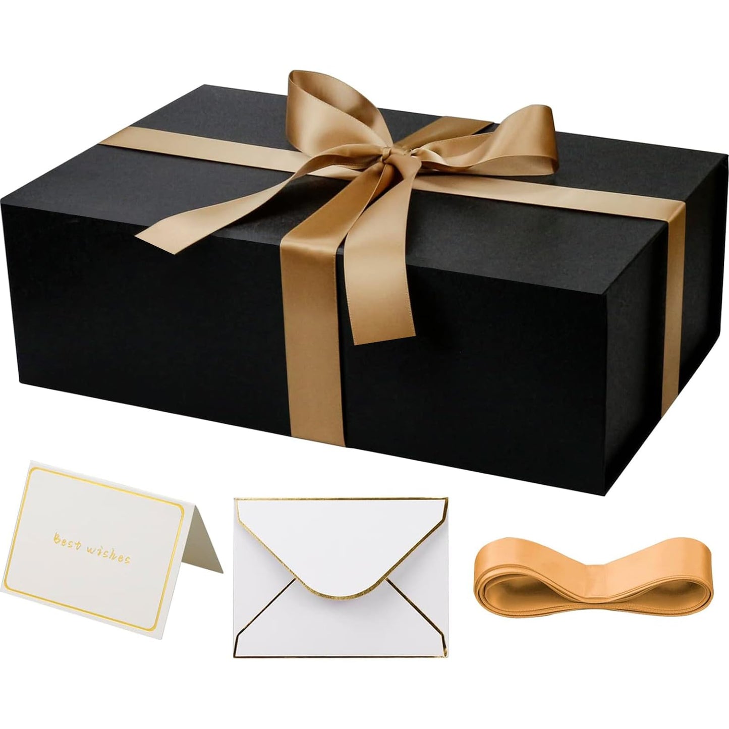 YINUOYOUJIA Large Black Gift Boxes with Lid,14"x9"x4.5" Magnetic Gift Box with Ribbon,Cards and Envelopes for Presents,Great for Wedding,Birthdays,Crafting,Gift Packaging.