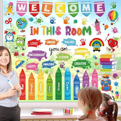 wondever Colorful Pencils Inspirational Quotes Window Clings Back to School Crayon Handprint Glass Sticker Decal Anti Collision Double-Side Static Stickers for Home Glass