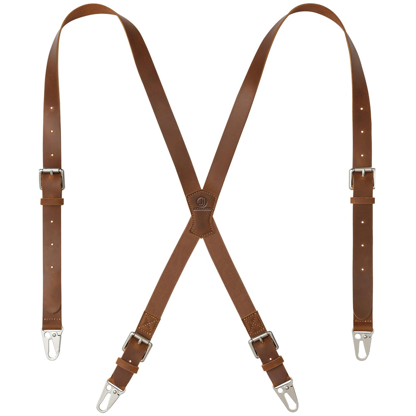 Jack&Chris Genuine Leather X-Shaped Suspenders for Men, Adjustable Heavy Duty Solid 1 Inch Wide Suspenders with Sturdy Clips, Men Accessories For Jeans, Brown