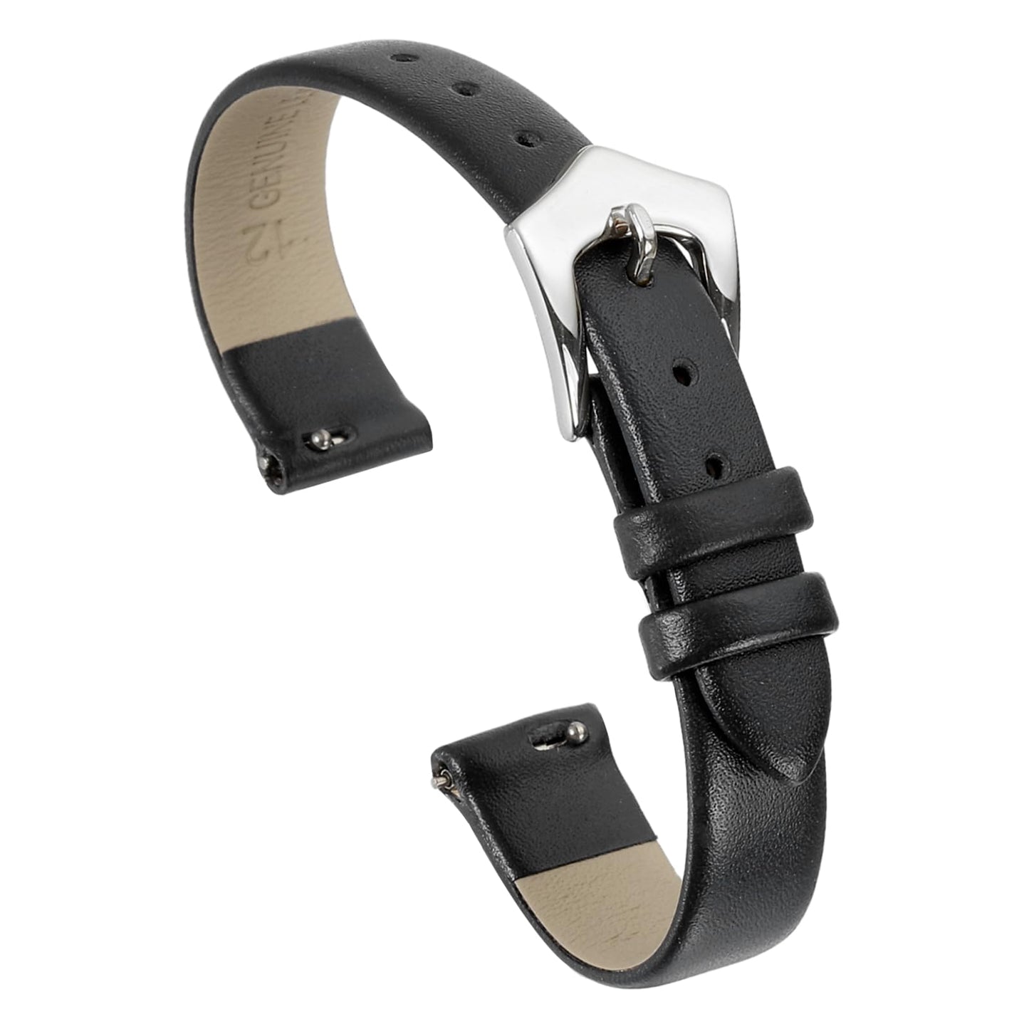 uxcell 12mm Black Genuine Leather Watch Bands, Quick Release Flat Thin Elegant Leather Watch Strap Wristband Replacement Bands with Silver Stainless Steel Buckle for Women