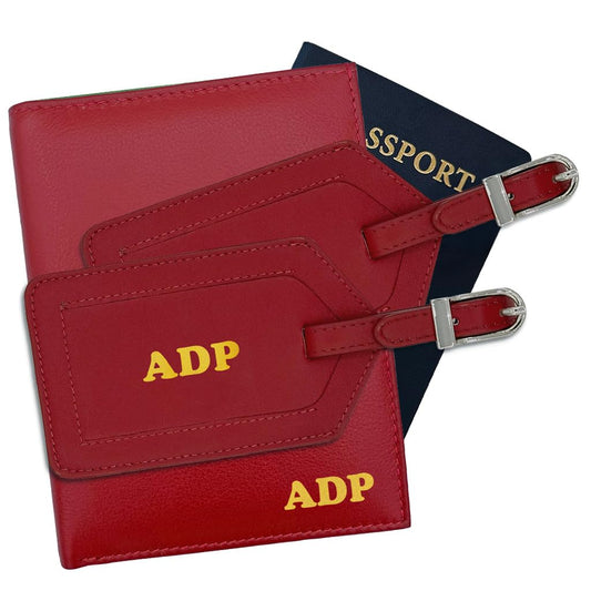 Deluxe Personalized Monogrammed Red Leather RFID Passport Wallet and 2 Luggage Tags
