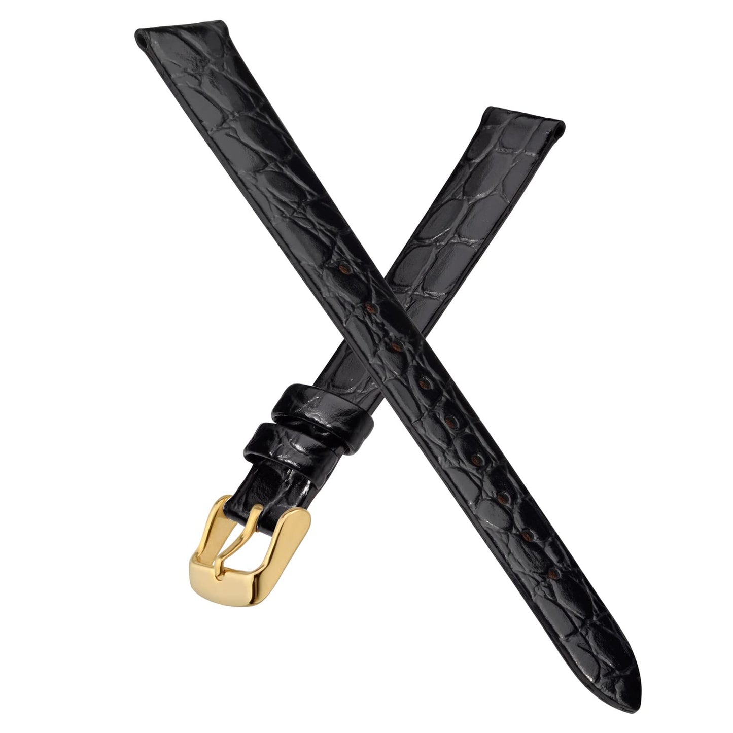 BISONSTRAP Watch Straps for Women, Crocodile Pattern Leather Thin Watch Replacement Bands,8mm, Black with Gold Buckle