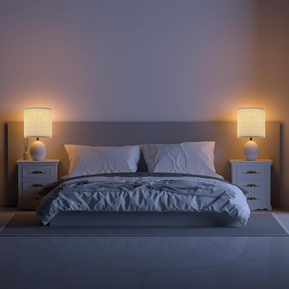 17.3" Table Lamp Set of 2 for Living Room Bedroom, Bedside Lamps for Night Stands, Desk Nightstand Lamp Dimmable, Modern Linen White Ceramic Lamps (White)