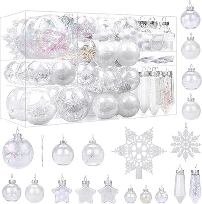 SHareconn 86PCS Christmas Balls Ornaments Set,Shatterproof Plastic Clear Decorative Baubles for Xmas Tree Decor Holiday Wedding Party Decoration, White