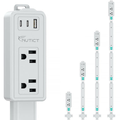 NUTICT Electrical Outlet Extender Stick, 2 AC Outlets & 2 USB-C & 1 USB-A Port, Flexible Extends 6"-34", Hide Behind Couches, Nightstands, Beds, Desks, Grey