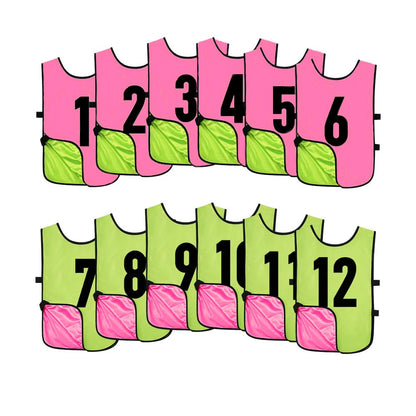 Saaifuu 12 Pack Reversible Numbered Pinnies, Double Sided Scrimmage Vest,Team Practice Jerseys for Kids and Adult(Pink/Neon Green, S)