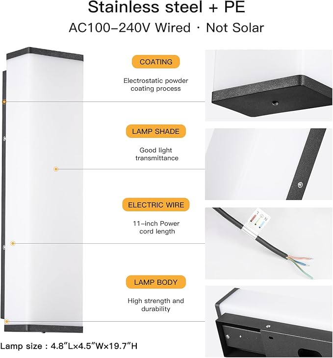 Outdoor Wall Lights, 20" Exterior Wall Light Fixture Hardwired, 3000K Modern Sconce Lights Waterproof, Large Porch Lamp Wall Mount, Garage Lighting Patio Front Door Lantern for House Outside