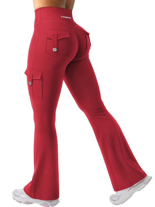 YEOREO CoreFlex Women Workout Flare Leggings with Pockets Hidden Scrunch High Waisted Cargo Gym Yoga No Front Seam Leggings 30" Inseam Red L