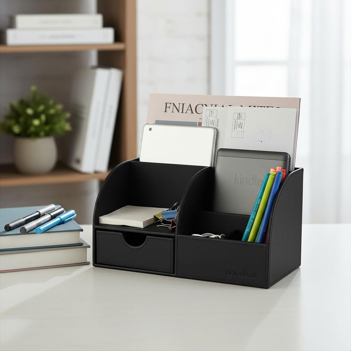 UnionBasic Desk Organizer - Multifunctional Leather Desktop Pen Holder Storage Box - Business Card/Pen/Pencil/Mobile Phone/Stationery Holder, Black