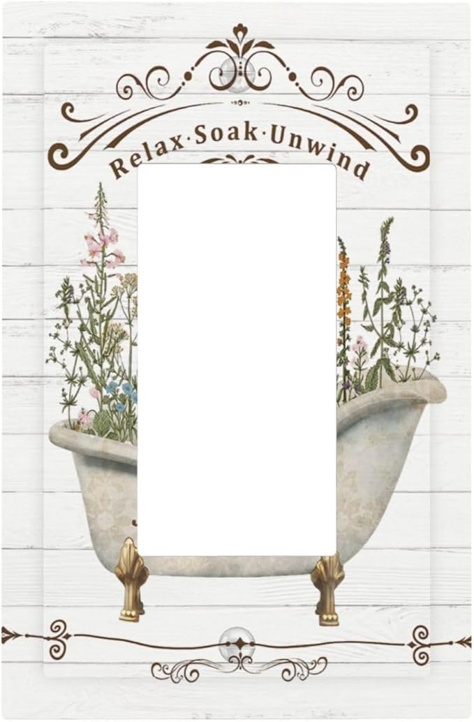 Rustic Farmhouse Wooden Board Botanical Flower Single Rocker/Decora Light Switch Plate Decorative 1 Gang Outlet Cover Faceplate GFCI Electrical Receptacle Wallplate Dimmer for Bathroom Home Decor