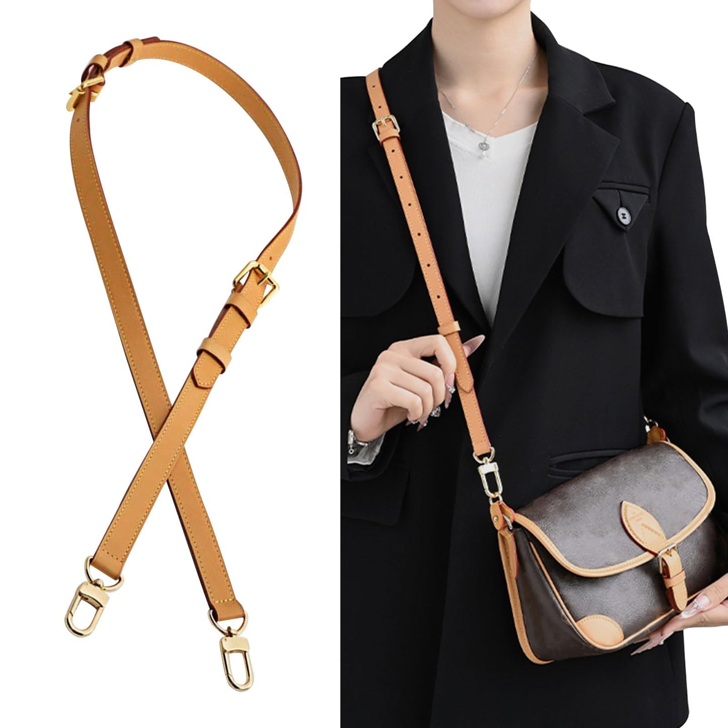 KIYOMIL Genuine Vachetta Leather Shoulder Bag Strap Crossbody Replacement for Handbag or Purse(Beeswax-Width:0.70in&Three-Segment Adjustable Length:26.8-47.2in)