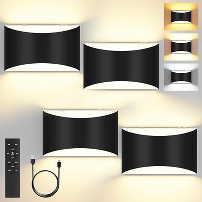 FOLKSMATE Battery Operated Wall Sconces Set of 4, Rechargeable Wireless Remote & Touch Control Wall Lamps, 3 Color Temperatures, Cordless Dimmable Lamp for Bedroom, Living Room, Hallway