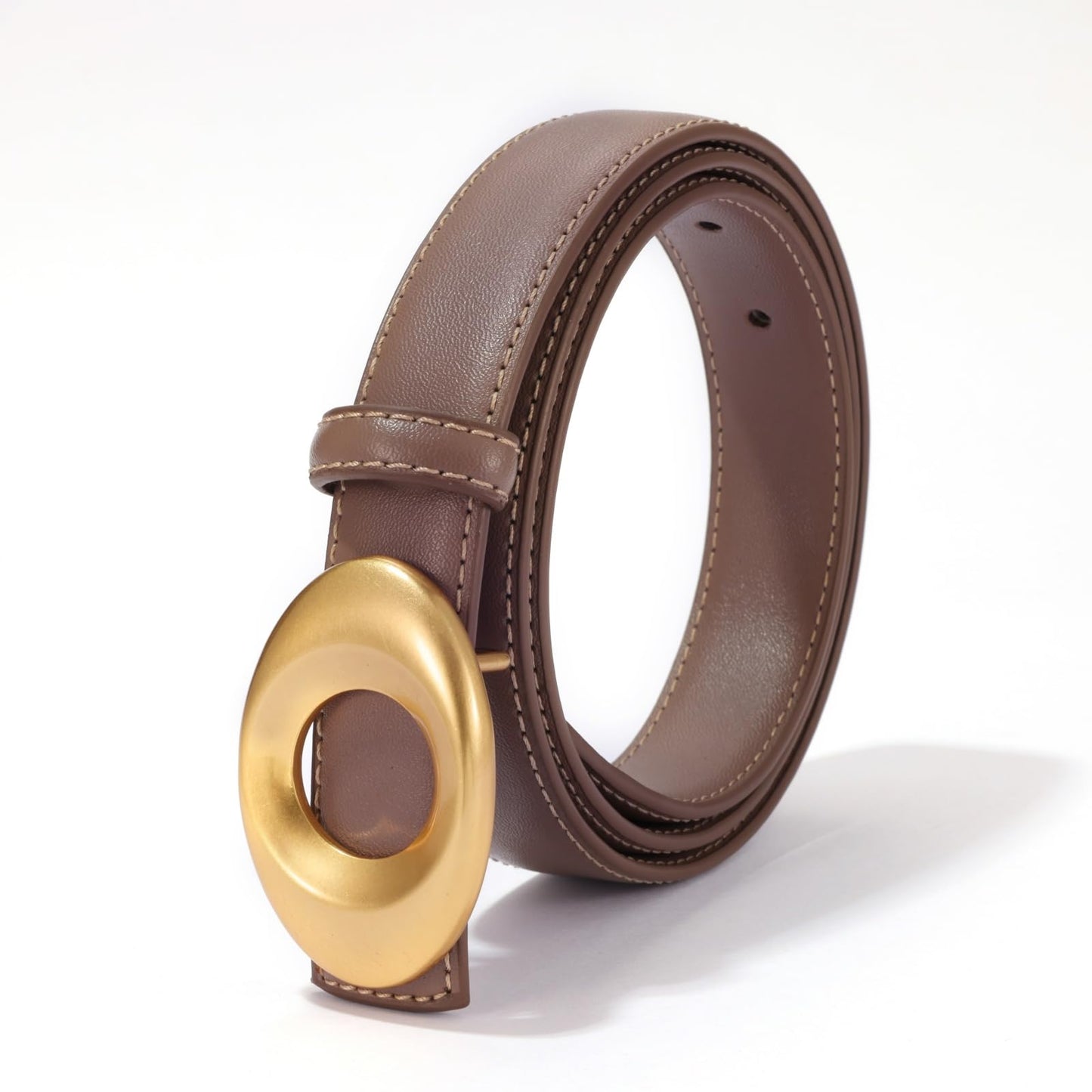 KONQUWA Women's Elegant Casual Genuine Leather Belt with Matte Oval Vintage Gold Buckle for Jeans Pants Dresses (Khaki/Vintage Gold Buckle,30″-39″)