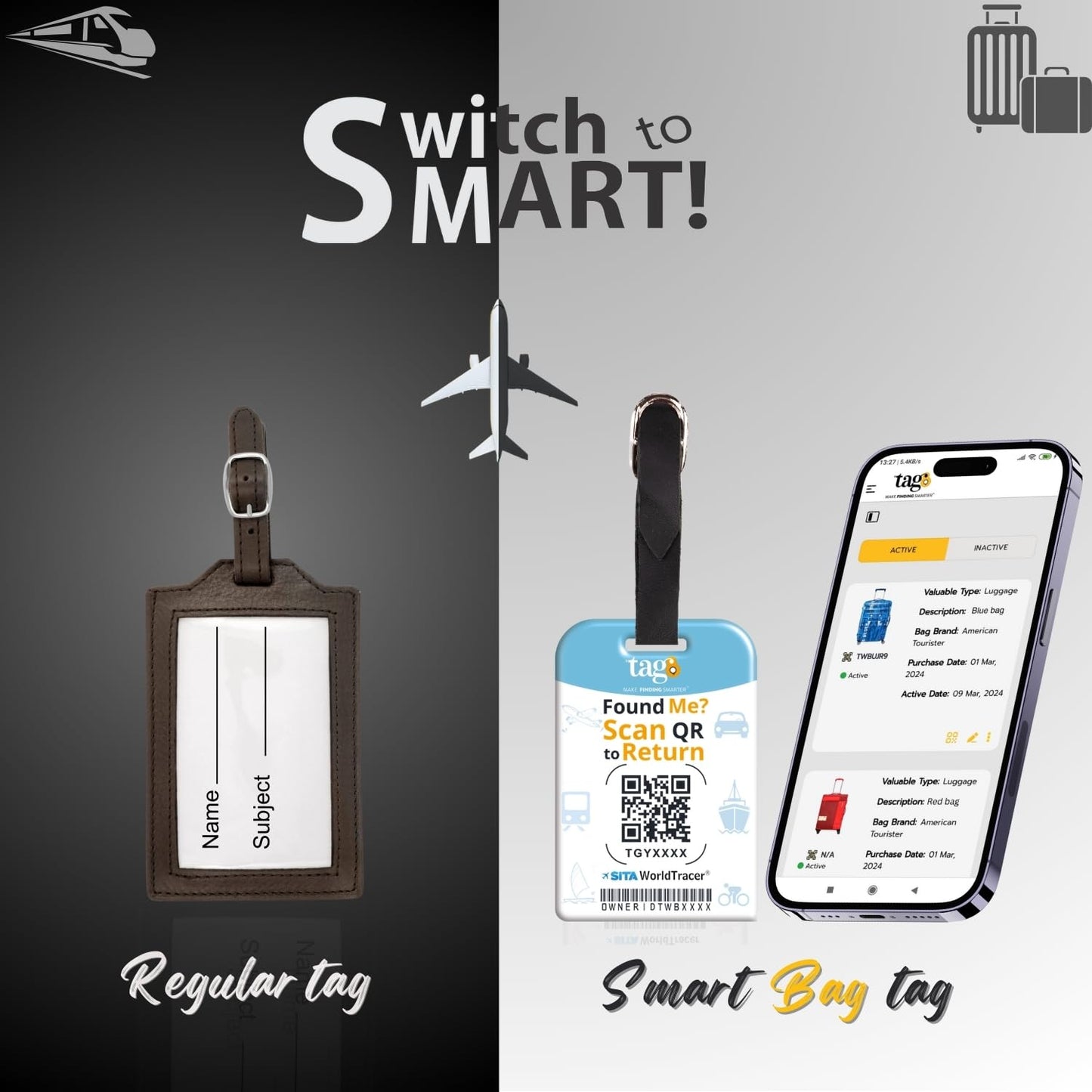 [Pack 2] tag8 London Smart Bag tag |Trendy Luggage tag ID Identification | Suitcase Tag | Fashionable Digital Name tag | Airline Compliant, SITA World Tracer Code Enabled | Travel Gift idea