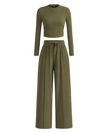 BTFBM Casual 2 Piece Sets For Women Fall Outfits 2026 Ribbed Spring Long Sleeve Crop Top Wide Leg Pants Matching Lounge Set