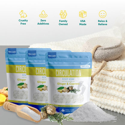 Circulation Foot Soak 32 Ounces (2 Lbs) Epsom Salt with Pure Essential Oils Ginger and Cypress Essential Oils Plus Vitamin C in BPA Free Pouch with Easy Press Lock Seal