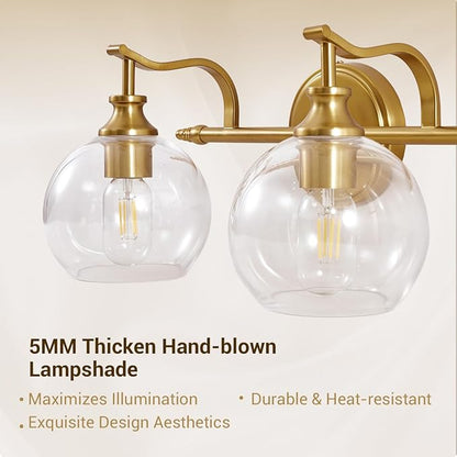 ANDY STAR 2 Light Bathroom Vanity Light, Brushed Gold Bathroom Light Fixtures, Wall Lighting with Clear Globe Glass Shades, Brass Wall Sconce for Living Room, Bedroom, Hallway