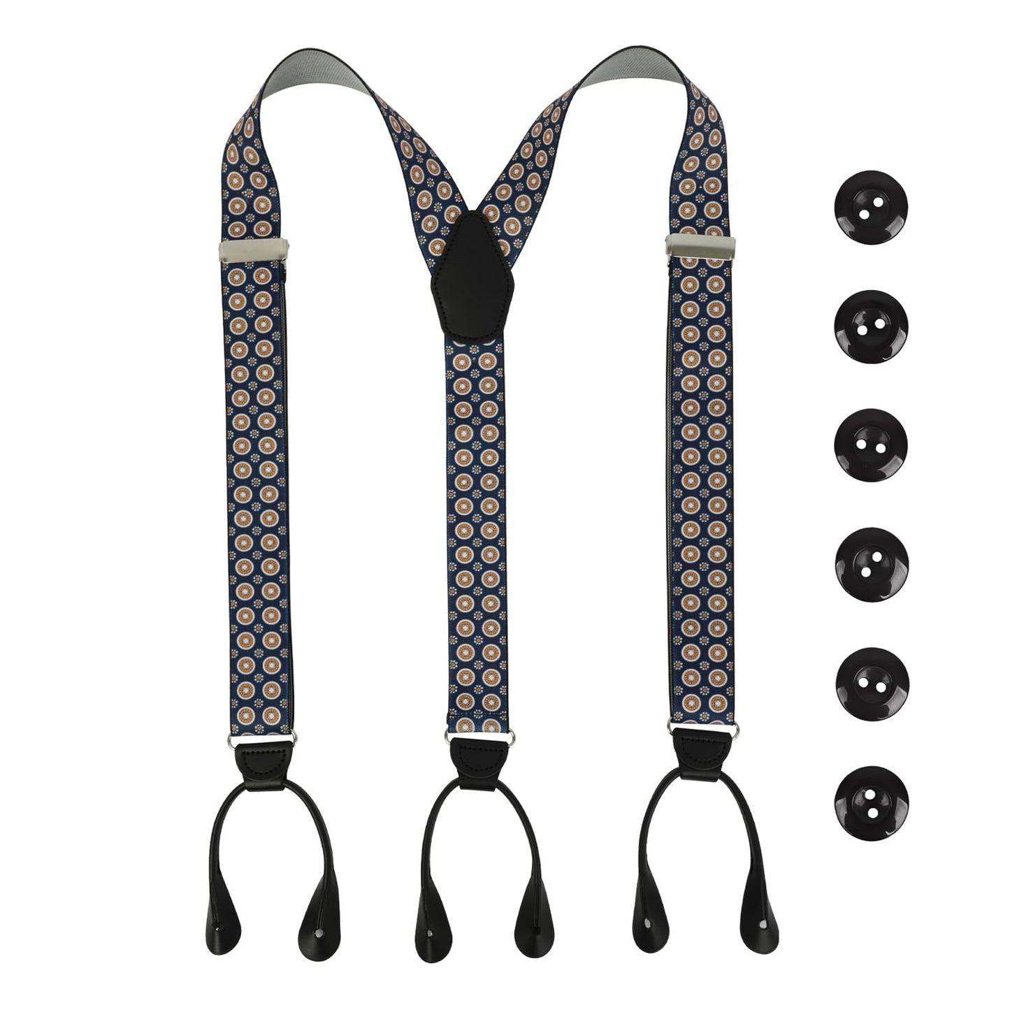 LEHOMU Men Button Suspenders Adjustable,1.4 Inch Wide Heavy Duty Y-Back Elastic Tuxedo Elastic Mens Suspenders with Leather Buttons End,Dark Blue and Golden Circle Pattern