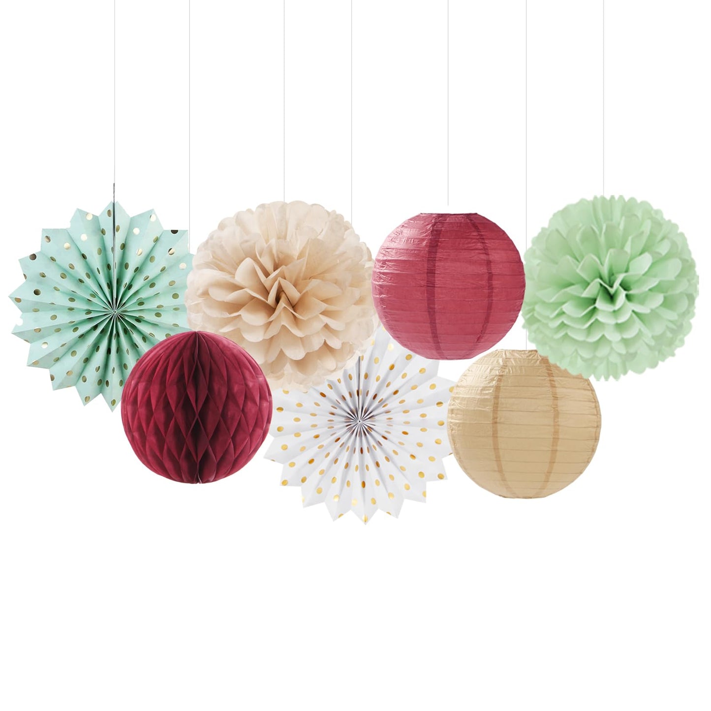 Sage-Olive Green Burgundy Champagne-Gold Party-Decorations - 14pcs Birthday Boho Paper Lanterns Fan Streamers,Tissue Pom Poms, Christmas Baby Bridal Shower Wedding Engagement Decor Lasting Surprise