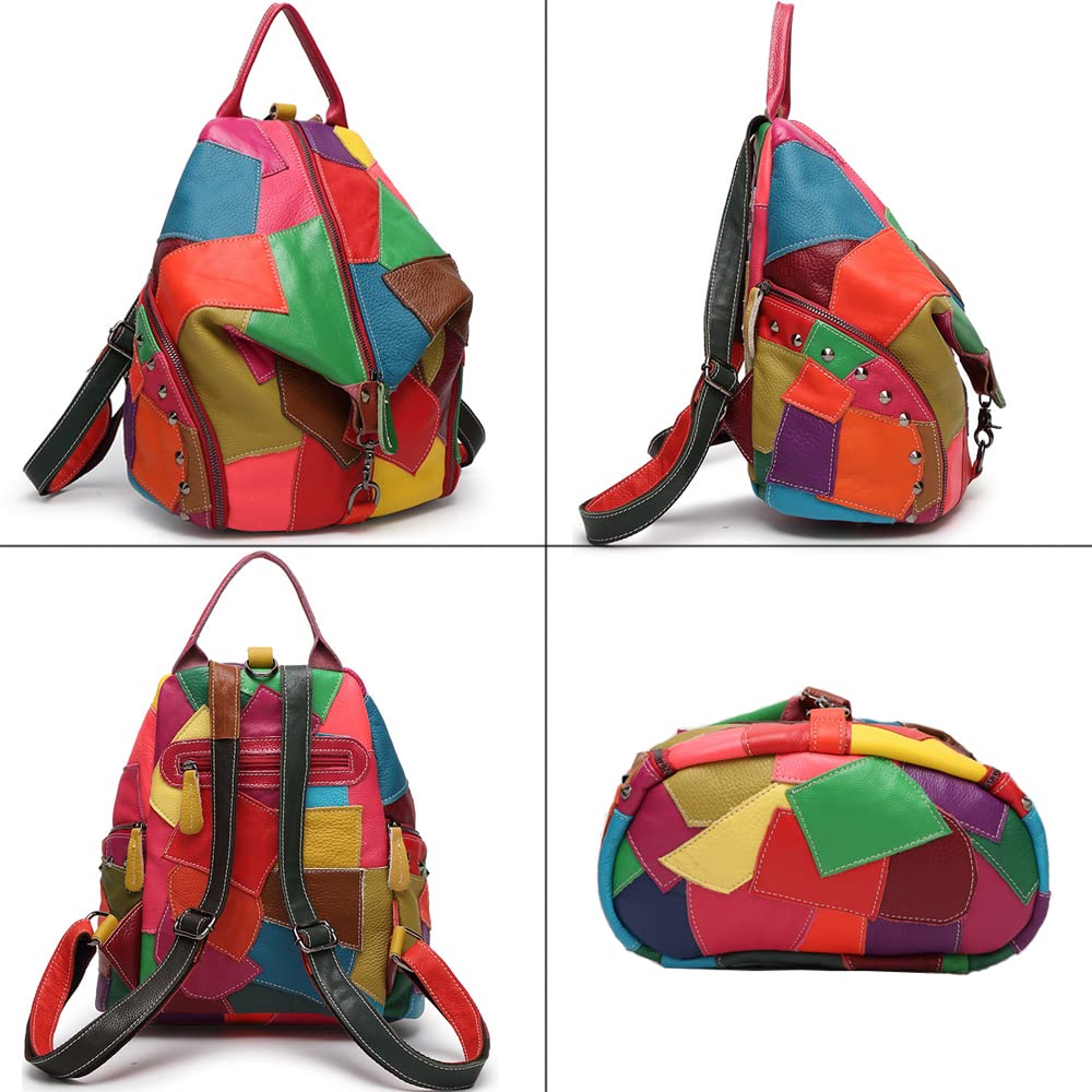 Downupdown Genuine Leather Backpack Contrasting Multicolor Splicing Backpack Fashion Large Capacity Travel Backpack-Black