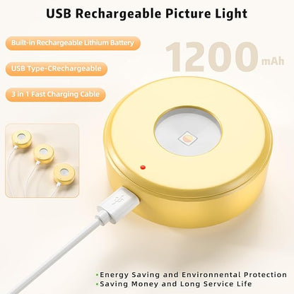 3PCS Picture Lights, Rechargeable Battery Wall Light for Paintings, 3 Colors Paintings Light Dimmable and Timer Metal Art Light for Display, Wall, Artwork, Gallery (Gold)