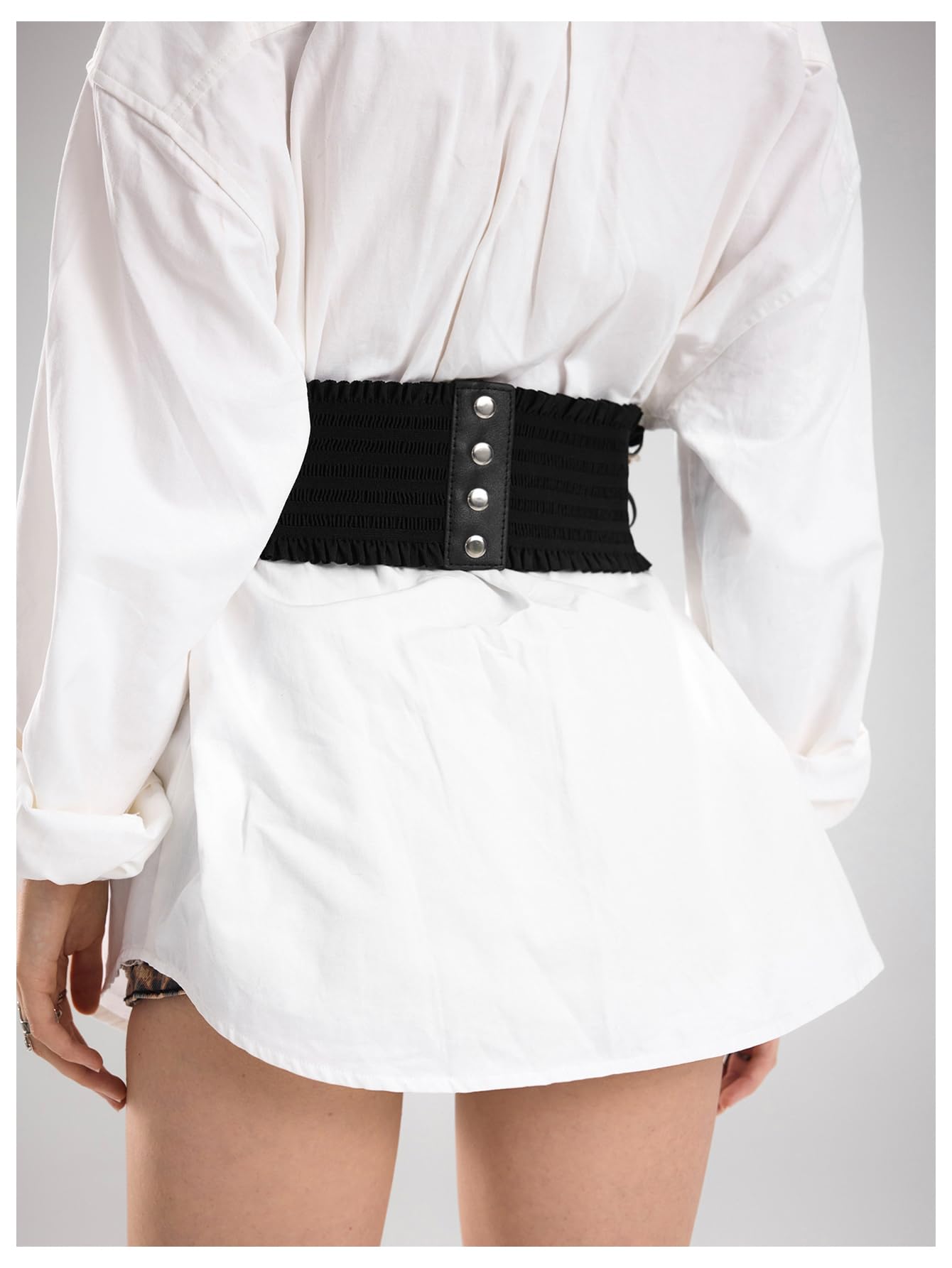 WDIRARA Women's Faux Leather Corset Belt Chain Goth Punk Cross Lace Up Side Elastic Waist Corset Black Large