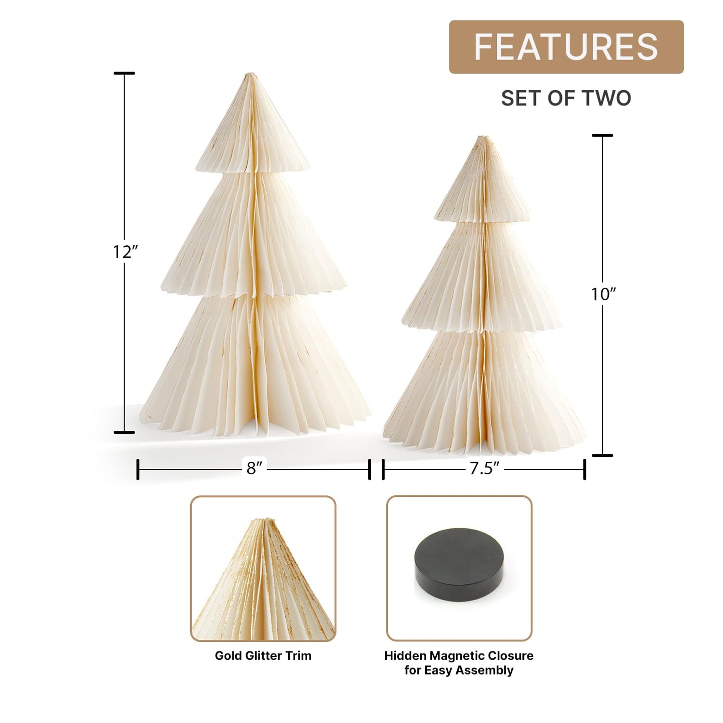 LampLust Paper Tree Decor, 2 Pack Honeycomb Paper Trees, 10 & 12 Inch, White & Gold Glitter Edge, Christmas Table Decor, Holiday Table Centerpieces, Christmas Decorations