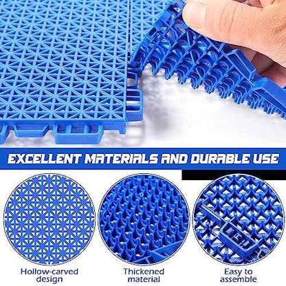 Huwena 50 Pcs Modular Interlocking Cushion Floor Tiles 10 x 10 Inch Non Slip Pool Floor Mat Blue Interlocking Rubber Draining Flooring Tiles with Hole for Drain Deck Patio Balcony Shower Kitchen