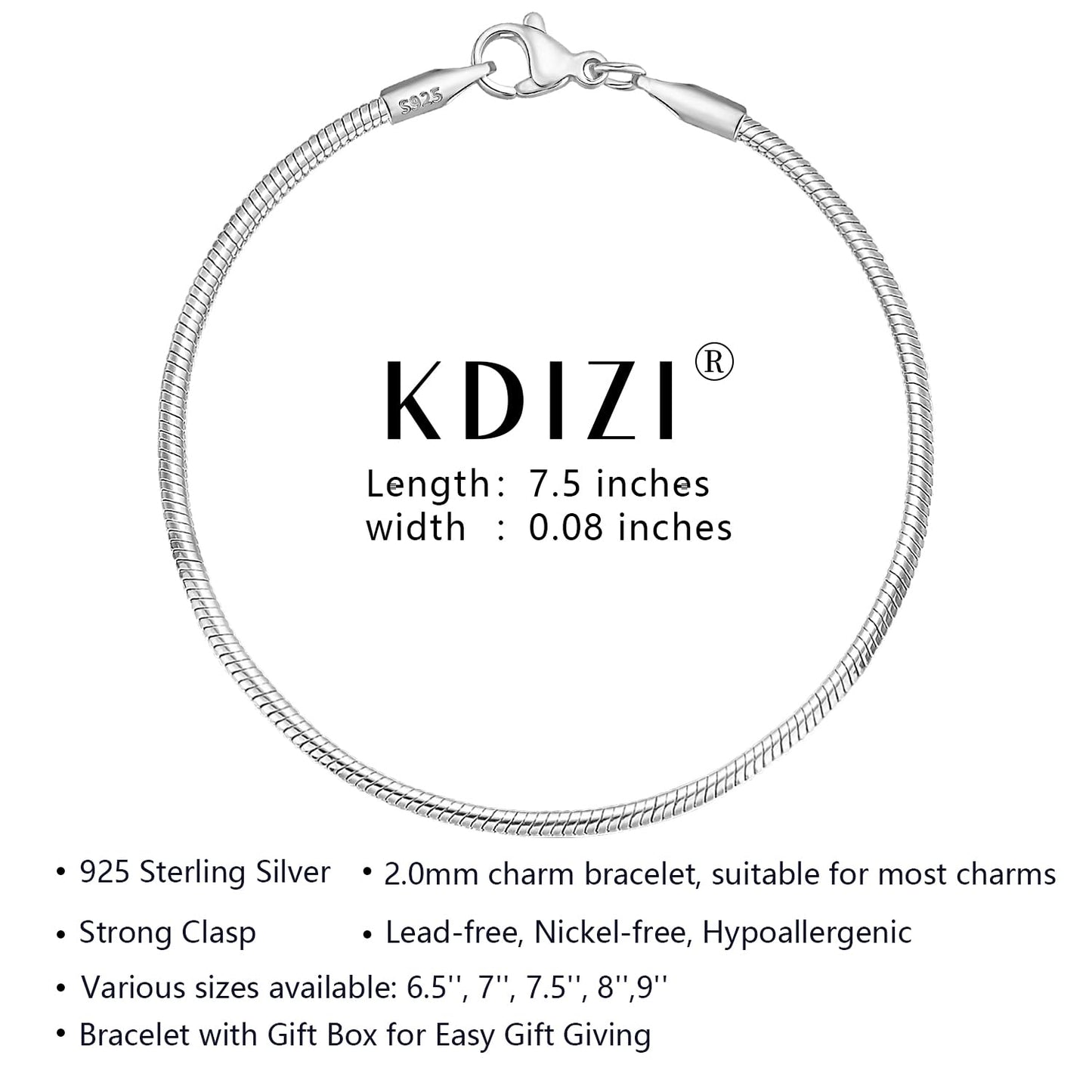 Charm Bracelet 925 Sterling Silver Bracelets for Women 2mm Dainty Snake Chain Bracelet Jewelry Gifts for Her