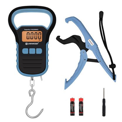 UNIWEIGH Waterproof Fishing Scale with Lip Gripper,110lb/50kg Postal Hanging Luggage Scale with Hook, Digital Handing Scale with 60inch Tape Measure,Luggage Hook, Backlit LCD Display