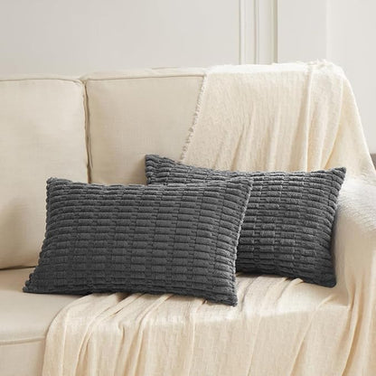 Fancy Homi Dark Grey Lumbar Decorative Throw Pillow Covers 12x24 Inch for Living Room Couch Bed Sofa, Rustic Farmhouse Boho Home Decor, Soft Striped Corduroy Rectangle Cushion Case 30x60 cm