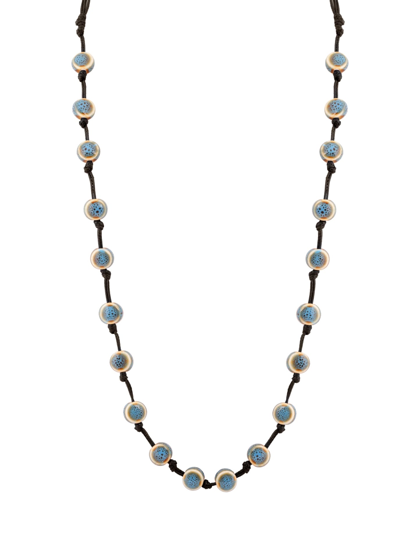 MINACHI Hippie Boho Blue Ceramic Bead Long Strand Necklace, Black Waxed Cord, Bohemian Beach Summer Jewelry Gift for Women