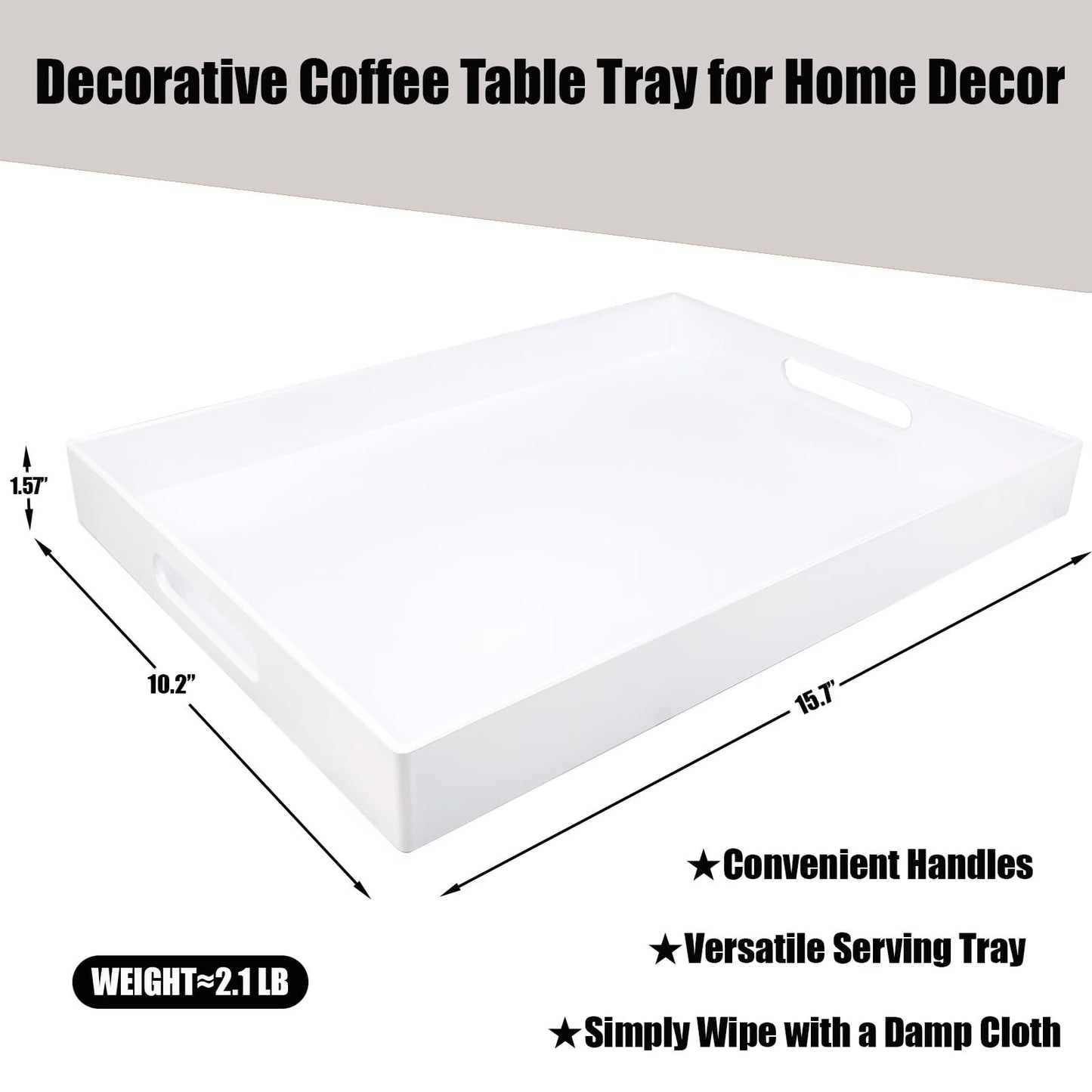 SforGUVA White Serving Tray for Coffee Table, Rectangular Plastic Decorative Tray with Handles for Entertaining, Outdoor Patio, Living Room, Ottoman, Bathroom Counter, 11.8”*15.7”*1.6”