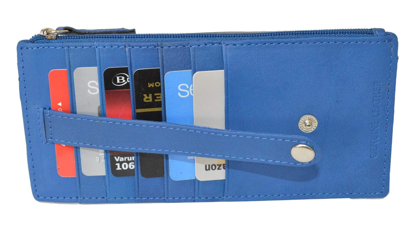 Leatherboss Genuine Leather Women's All in One Credit Business Card Case Holder Slim Zipper Wallet With a Card Protection Strap, Royal Blue