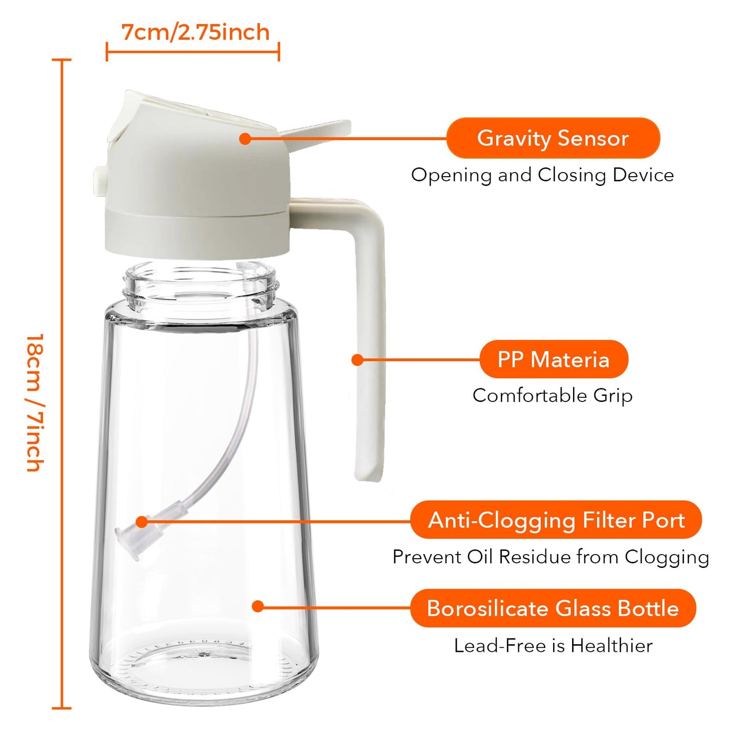 YRRAMATE 16oz/470ml Glass Olive Oil Sprayer for Cooking with Stickers, 2 in 1 Oil Dispenser for Kitchen Gadgets, Food Grade Premium Spray Bottle for Salad, Frying, BBQ (Creamy White)