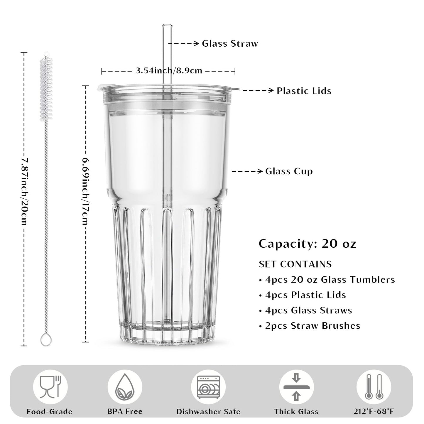INSETLAN 20 oz Clear Glass Tumbler Set with Lids and Straws – 4-Pack Iced Coffee Cups with Glass Straws & Brushes, Reusable Drinking Glasses for Smoothies, Tea, Juice, Beer, Cold Beverages