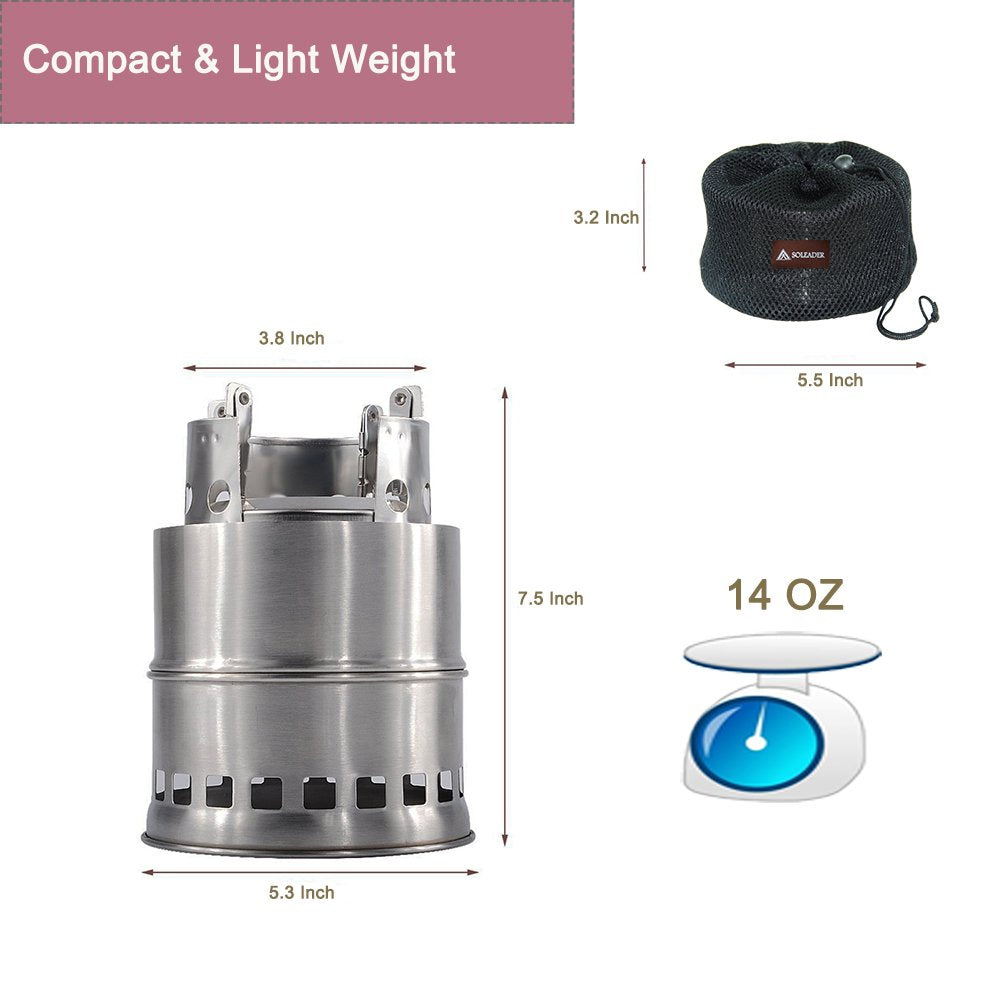 SOLEADER Portable Wood Burning Camp Stoves - Stainless Steel Compact Gasifier Stove - Twig Stove For Camping, Hiking, Picnic, BBQ, Backpacking The 3rd Generation