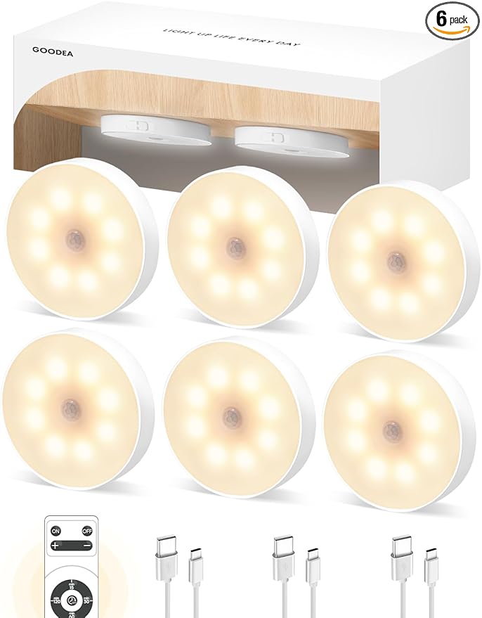 Motion Sensor Night Light, Battery Operated Puck Lights with Remote, Dimmable Warm White Night Light, 3000K Soft Light for Bathroom, Bedroom, Hallway
