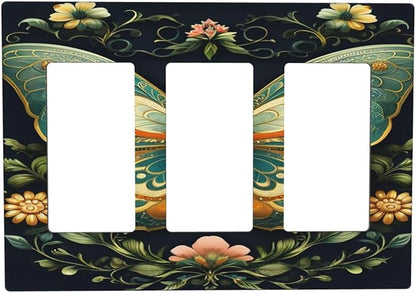 Butterfly Ornate with Flower 3 Gang Rocker Triple Outlet Wall Plate Decorative Switchplate Cover Faceplate GFCI Light Switch Covers for Farmhouse Living Decor