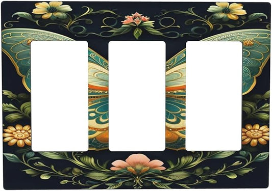 Butterfly Ornate with Flower 3 Gang Rocker Triple Outlet Wall Plate Decorative Switchplate Cover Faceplate GFCI Light Switch Covers for Farmhouse Living Decor