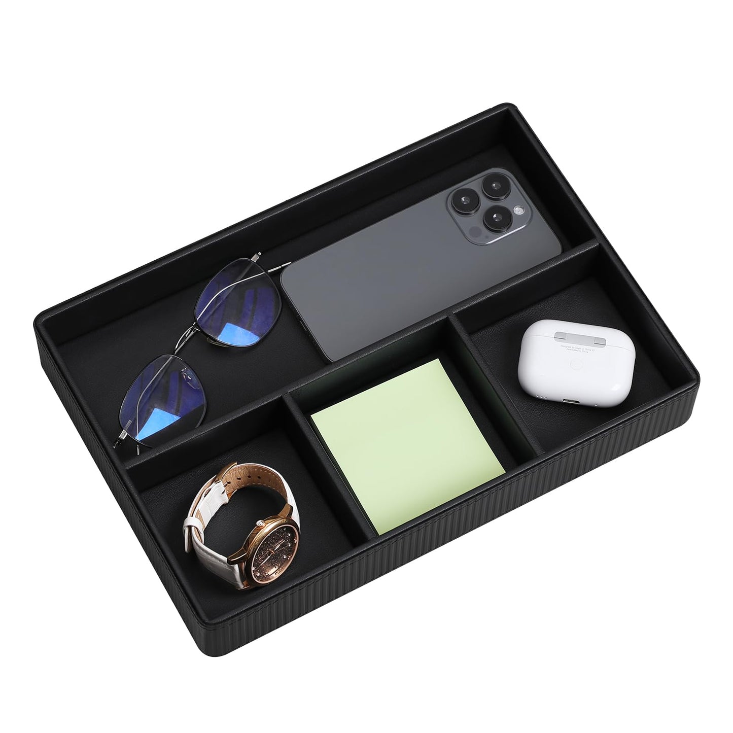 NICLNGSH PU Leather Valet Tray, Decorative Trinket Vanity Desk Drawer Organizer Tray, Perfume Dish Catch All Bowl for Keys, Nightstand Drawer Organizer Women Men with 4 Compartments (Black)
