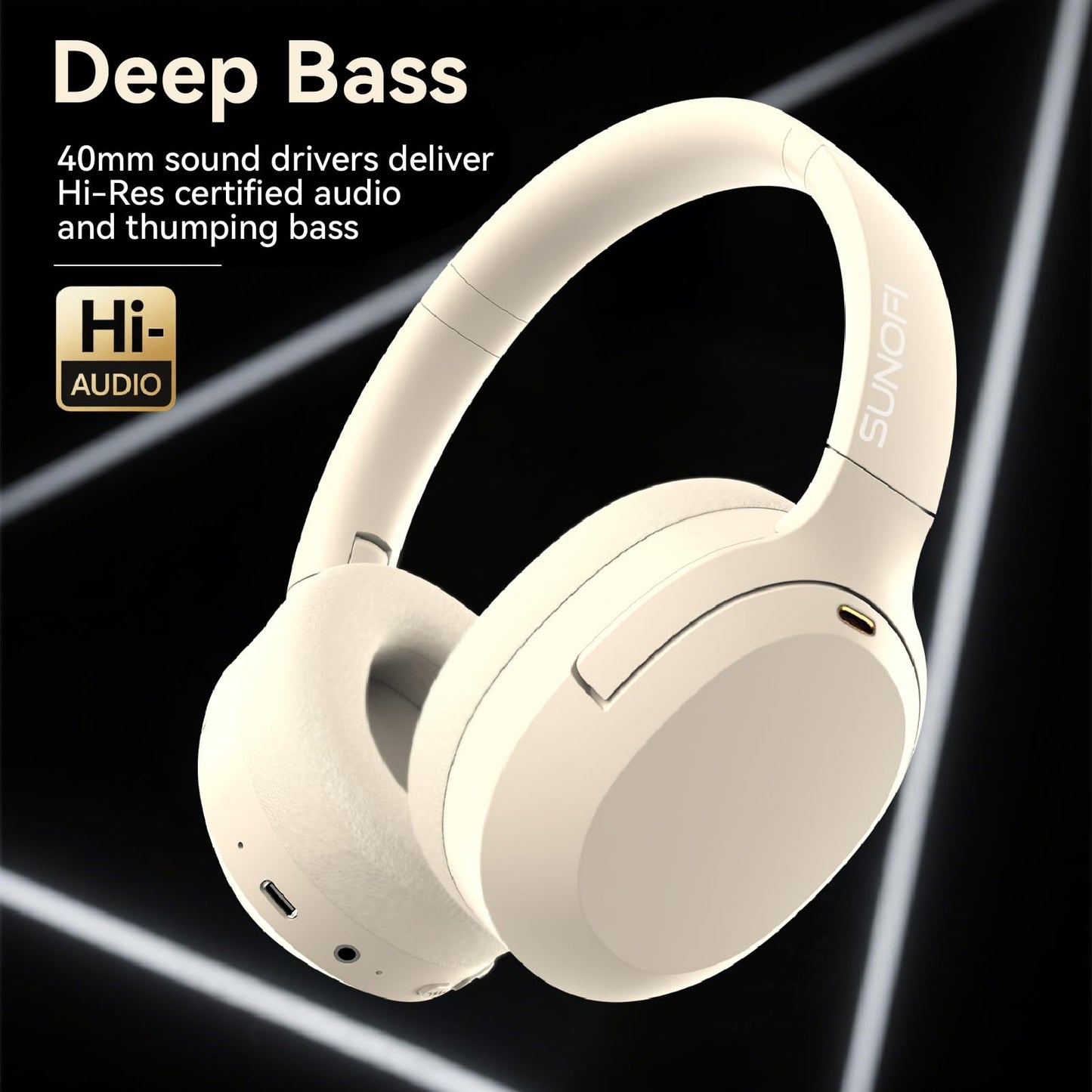 SunoFi Hybrid Active Noise Cancelling Headphones, Wireless Over Ear Bluetooth Headphones with Mic, 40H Playtime, Hi-Res Audio, Deep Bass, Foldable Comfort Fit Ear Cups for Travel, Office, Home (White)