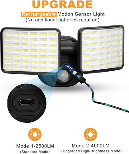 Rechargeable Battery Motion Light, 2500LM & 4000LM Dual Modes Motion Sensor Security Lights, USB Charging Wireless Flood Light Battery Powered, LED Outdoor Lights for Garage,Yard,Porch,Shed
